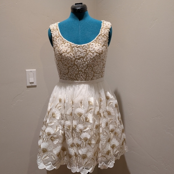Mac Duggal white and gold beaded dress